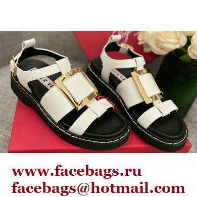 Roger Vivier Viv' Rangers Metal Buckle Sandals in Leather White 2022