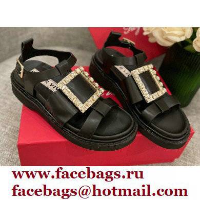 Roger Vivier Viv' Rangers Strass Buckle Sandals in Leather Black 2022