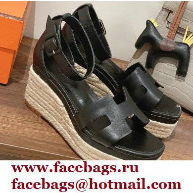 Hermes Heel 8.5cm Platform 5cm Elda Wedge Espadrilles Black 2022