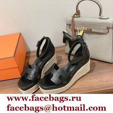 Hermes Heel 8.5cm Platform 5cm Elda Wedge Espadrilles Black 2022