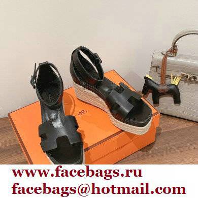 Hermes Heel 8.5cm Platform 5cm Elda Wedge Espadrilles Black 2022