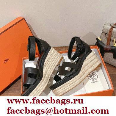 Hermes Heel 8.5cm Platform 5cm Elda Wedge Espadrilles Black 2022