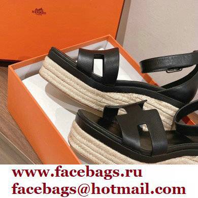 Hermes Heel 8.5cm Platform 5cm Elda Wedge Espadrilles Black 2022