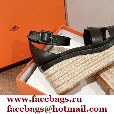 Hermes Heel 8.5cm Platform 5cm Elda Wedge Espadrilles Black 2022