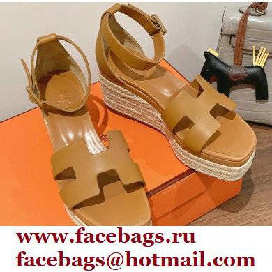 Hermes Heel 8.5cm Platform 5cm Elda Wedge Espadrilles Brown 2022