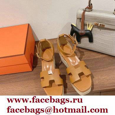 Hermes Heel 8.5cm Platform 5cm Elda Wedge Espadrilles Brown 2022