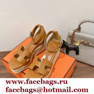 Hermes Heel 8.5cm Platform 5cm Elda Wedge Espadrilles Brown 2022