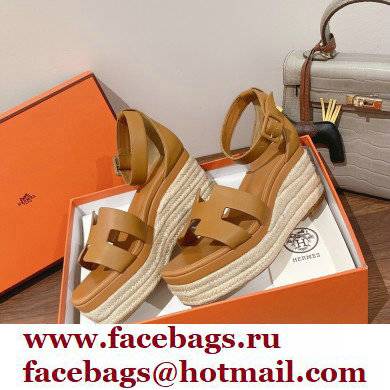 Hermes Heel 8.5cm Platform 5cm Elda Wedge Espadrilles Brown 2022