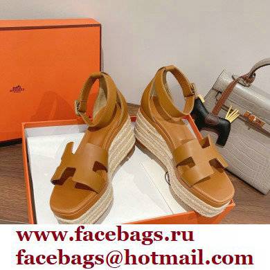 Hermes Heel 8.5cm Platform 5cm Elda Wedge Espadrilles Brown 2022