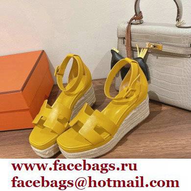 Hermes Heel 8.5cm Platform 5cm Elda Wedge Espadrilles Yellow 2022