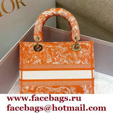 Lady Dior Medium D-Lite Bag in Toile de Jouy Reverse Embroidery Fluorescent Orange 2022